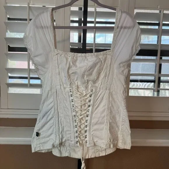 Tripp NYC 3X Cap Sleeve Corset Top White Eyelet Lace Up Renaissance Lolita Y2K - Picture 7 of 8